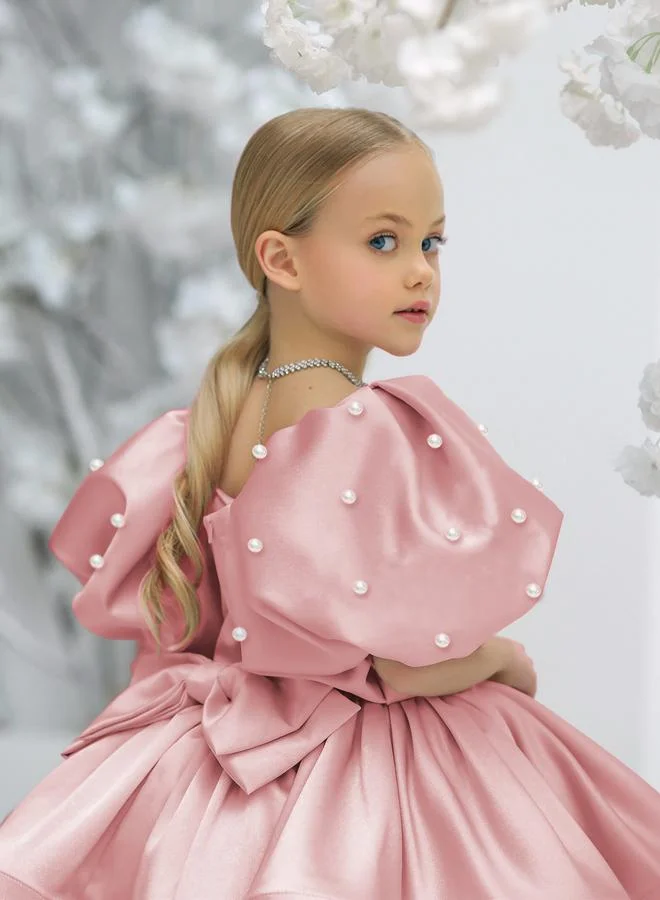 Take Two Girls Pink Satin Puff Sleeve Faux Pearls Detail Dress